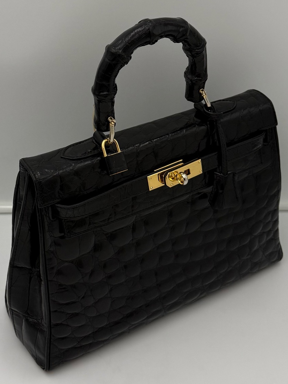 🐊COLOMBO 1937 MILANO • Black Exotic CROCODILE 32 Top-Handle Bag • Made in ITALY - Picture 3 of 16
